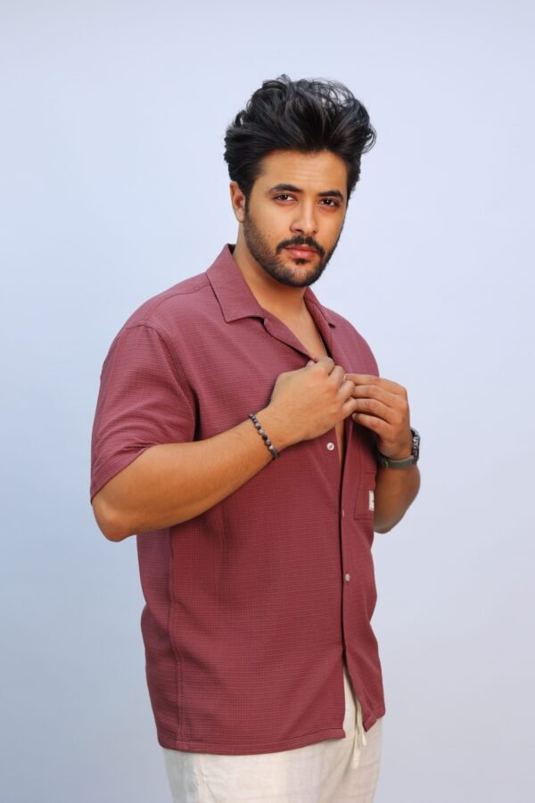 Burgundy Textured Cuban Collar Shirt - Image 2