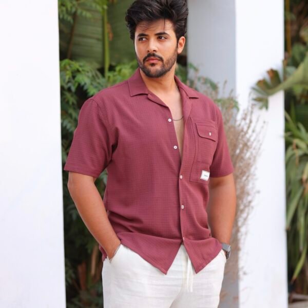 Burgundy Textured Cuban Collar Shirt