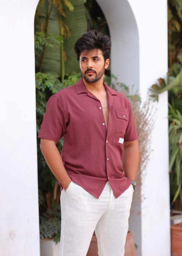 Burgundy Textured Cuban Collar Shirt