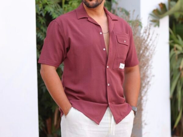 Burgundy Textured Cuban Collar Shirt - Image 3